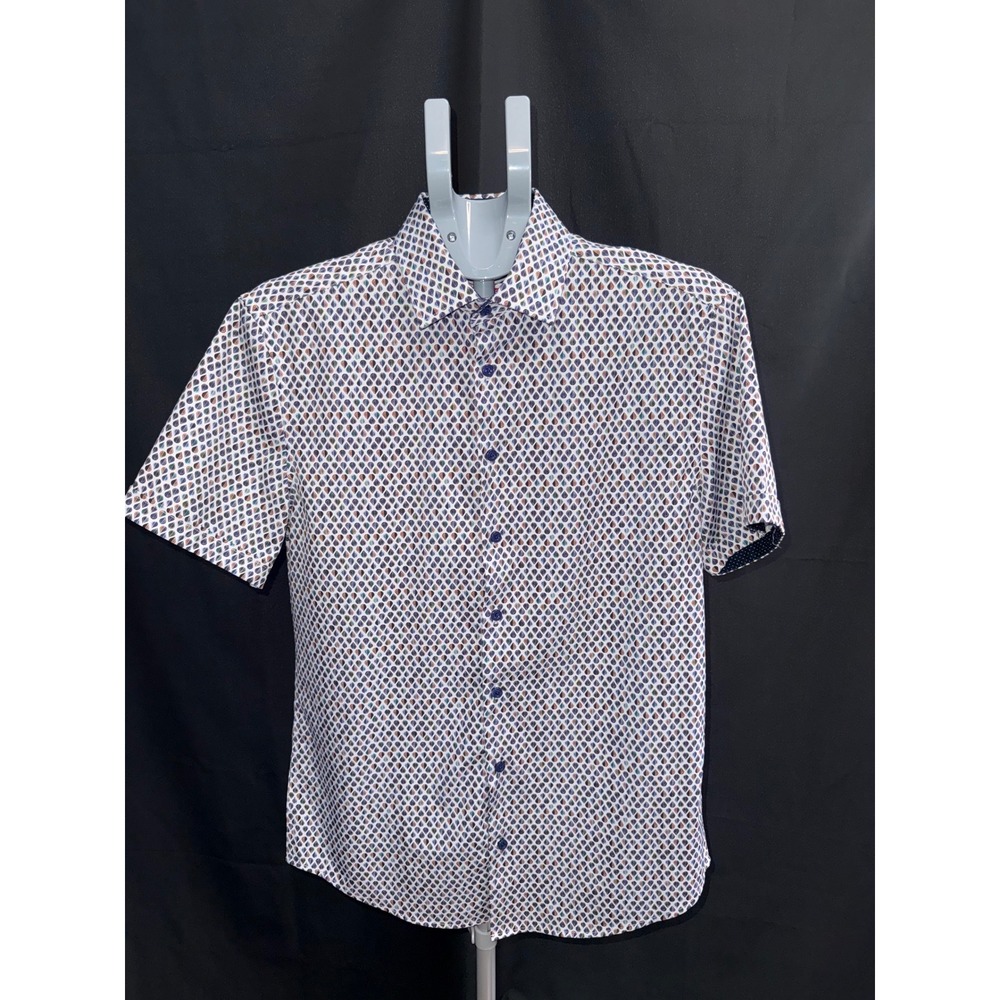 Soul of London Men Short Sleeve Button Down Shirt Geometric Teardrop Blue M 15.5